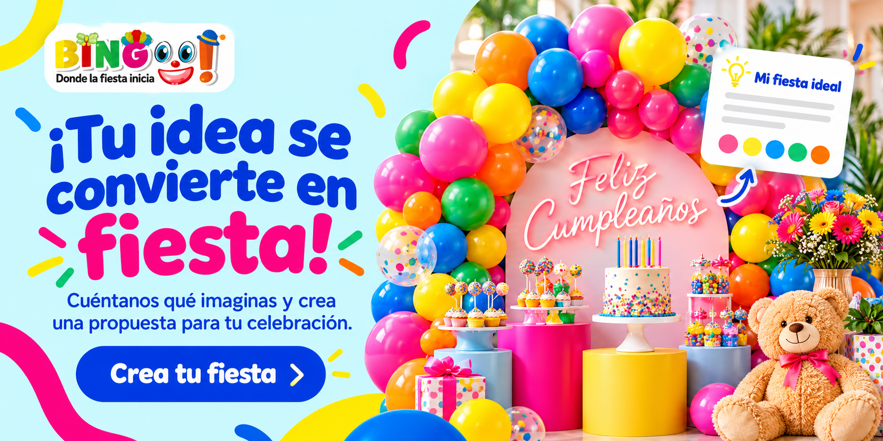 Mesa de dulces con arco de globos y letrero de Feliz Cumpleaños. ¡Tu idea se convierte en fiesta!